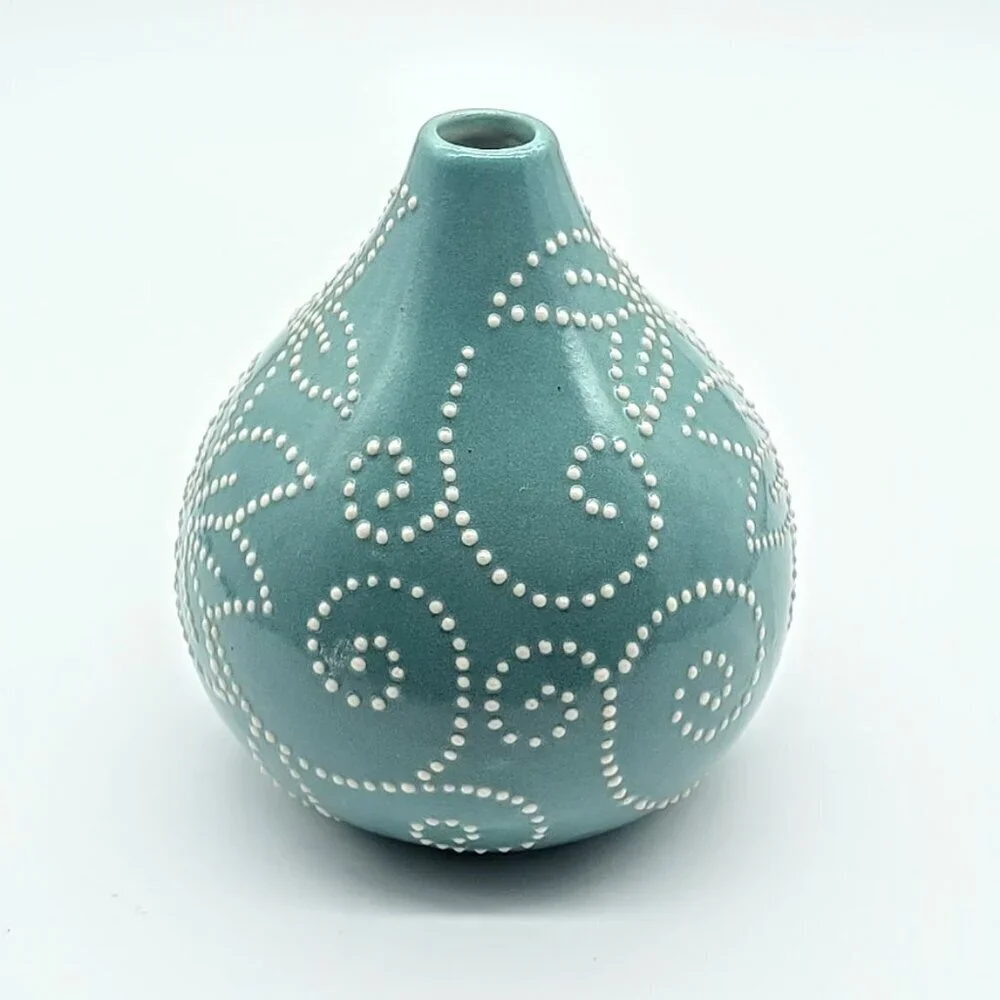 Crate & Barrel Aqua Blue White Stitch Embossed Dot Ceramic Bud Vase